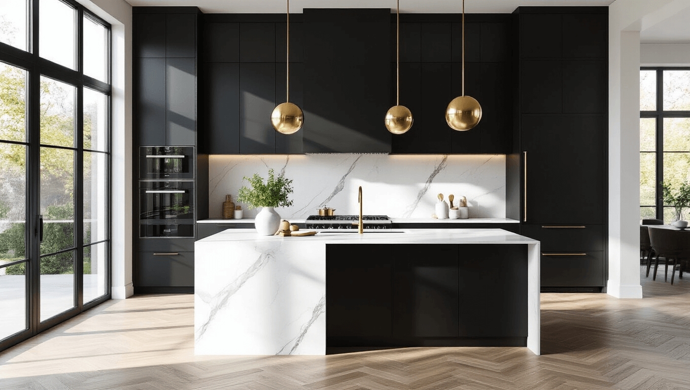 Hyperrealistic interior photograph of a luxury modern kitchen featuring matte black cabinets, a white quartz waterfall island, and a herringbone marble backsplash, illuminated by natural morning light through large windows, with stylish decor and high-end appliances.