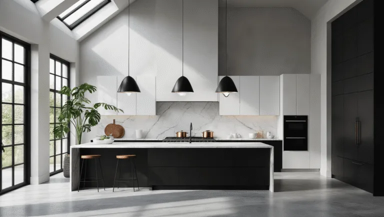 A luxurious modern black and white kitchen with vaulted ceilings, skylights, matte black lower cabinets, and glossy white upper cabinets, featuring a marble island and geometric pendant lights, captured in dramatic morning light.