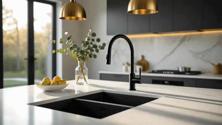 Cinematic high-end kitchen interior featuring a matte black pull-down faucet on a white quartz waterfall island, illuminated by golden hour sunlight through large windows, with dramatic shadows and a soft bokeh background.