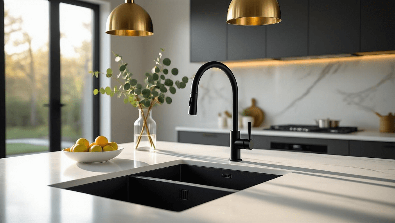 Cinematic high-end kitchen interior featuring a matte black pull-down faucet on a white quartz waterfall island, illuminated by golden hour sunlight through large windows, with dramatic shadows and a soft bokeh background.