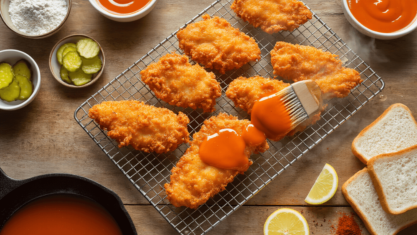 Cinematic overhead shot of crispy Nashville hot fish fillets on a wire rack, brushed with spicy sauce, surrounded by white bread, pickles, and lemon wedges on a rustic wood surface.
