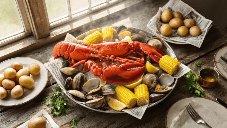 Overhead shot of a New England clambake featuring red lobsters, steamer clams, corn on the cob, and potatoes on a rustic wooden table, accented by fresh herbs and melted butter, with a soft focus on lobster claws and crisp white wine glasses in the background.