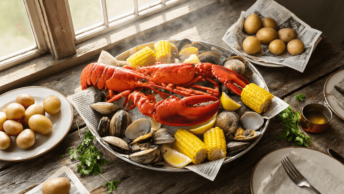Overhead shot of a New England clambake featuring red lobsters, steamer clams, corn on the cob, and potatoes on a rustic wooden table, accented by fresh herbs and melted butter, with a soft focus on lobster claws and crisp white wine glasses in the background.