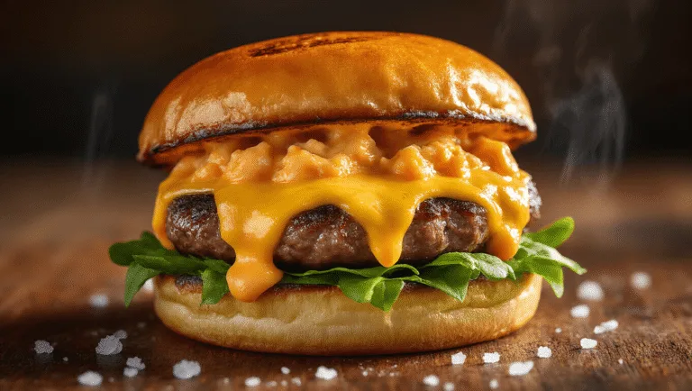 Closeup of a gourmet pimento cheeseburger on a toasted brioche bun, featuring melted pimento cheese on a seared beef patty, with fresh lettuce and a rustic wooden table background.