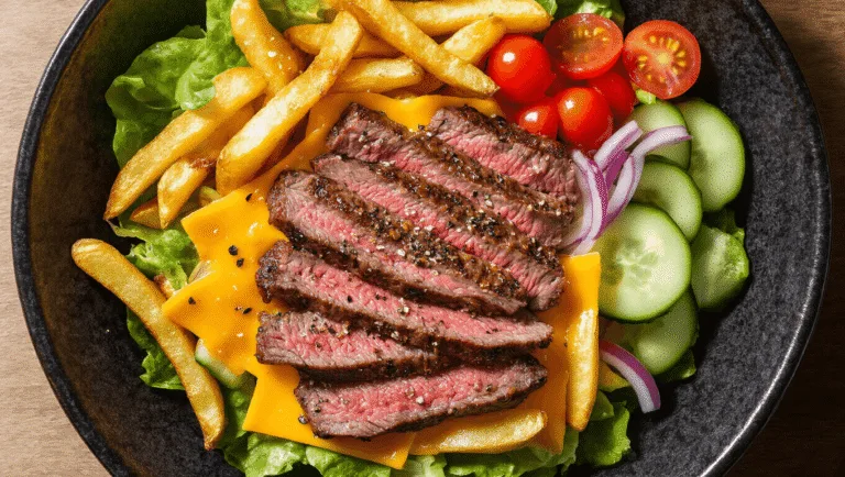 Overhead shot of a Pittsburgh Steak Salad in a black ceramic bowl, featuring medium-rare ribeye steak, crispy fries, fresh vegetables, and melted cheddar cheese, against a rustic wooden table background.