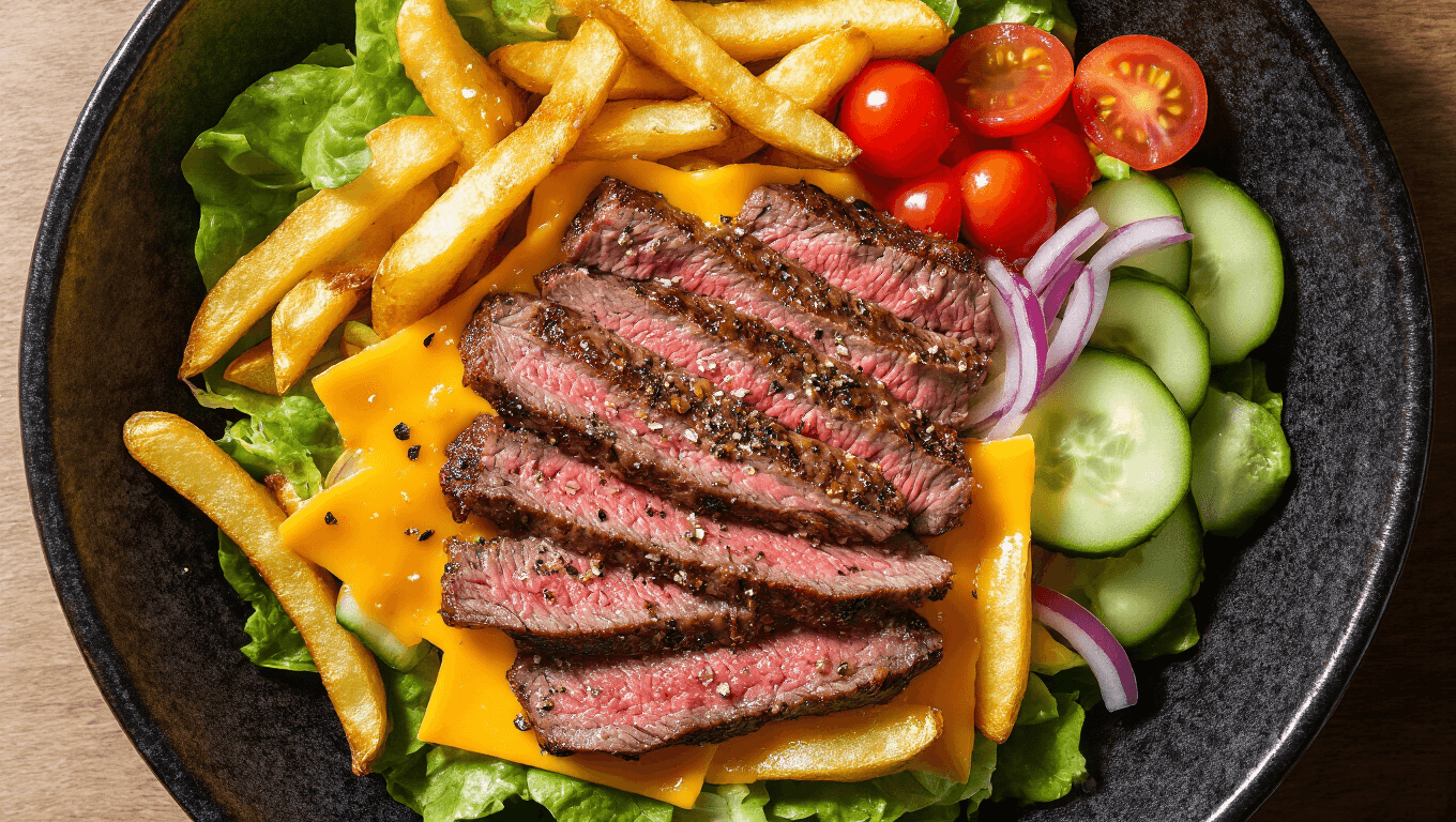 Overhead shot of a Pittsburgh Steak Salad in a black ceramic bowl, featuring medium-rare ribeye steak, crispy fries, fresh vegetables, and melted cheddar cheese, against a rustic wooden table background.