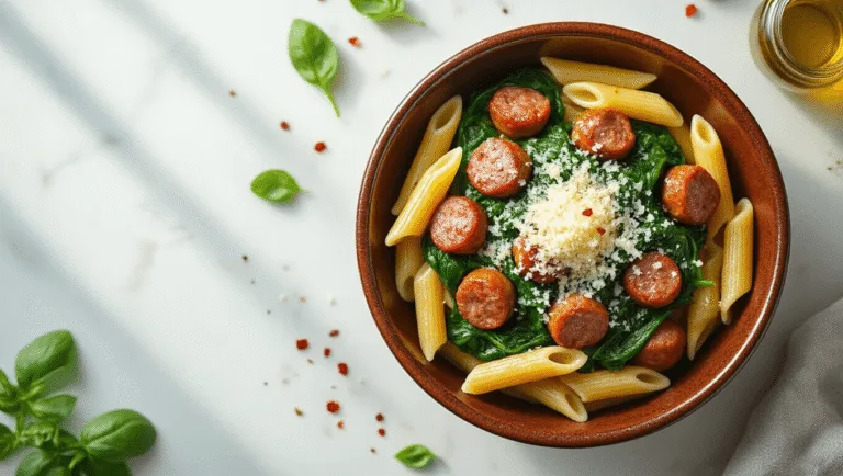 A rustic bowl filled with al dente penne pasta, caramelized Italian sausage, and wilted spinach, topped with grated Parmesan and red pepper flakes, illuminated by natural light on a marble counter.