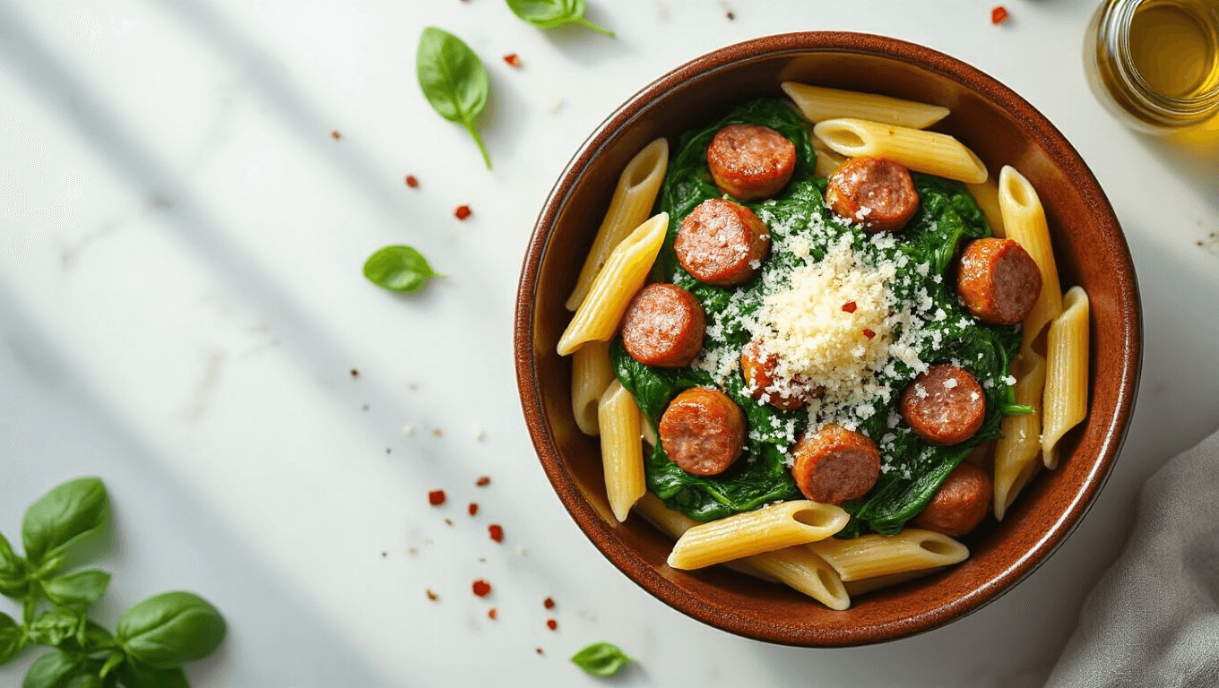 A rustic bowl filled with al dente penne pasta, caramelized Italian sausage, and wilted spinach, topped with grated Parmesan and red pepper flakes, illuminated by natural light on a marble counter.