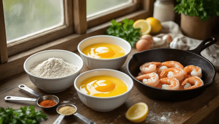 Hyperrealistic photograph of a rustic kitchen countertop with white ceramic bowls of seasoned flour, golden beaten eggs with buttermilk, and large peeled shrimp, accompanied by a vintage cast iron skillet, measuring spoons, fresh parsley, and lemon wedges, all illuminated by natural window light, showcasing warm golden hues and soft depth of field.