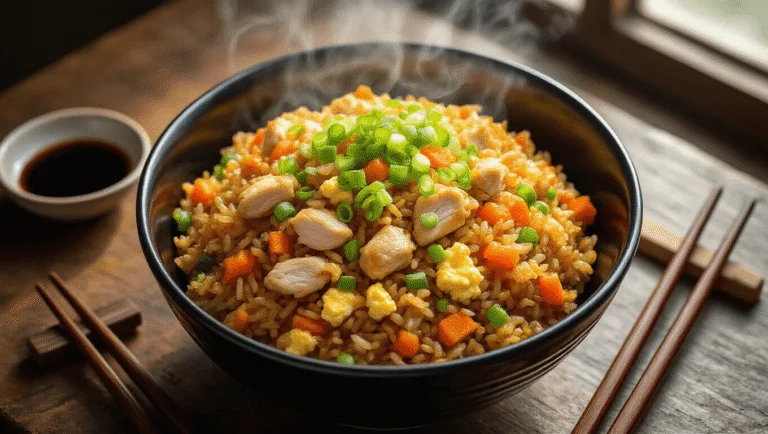 A steaming bowl of golden-brown chicken fried rice in a glossy black ceramic bowl, garnished with green onions, set on a rustic wooden table surrounded by ingredients like fresh garlic and carrots, with a small dish of soy sauce and chopsticks nearby.