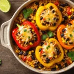 Overhead shot of colorful stuffed bell peppers filled with Mexican rice, black beans, corn, and tomatoes in a rustic dish, topped with melting cheese and garnished with cilantro and lime wedges, illuminated by natural light.