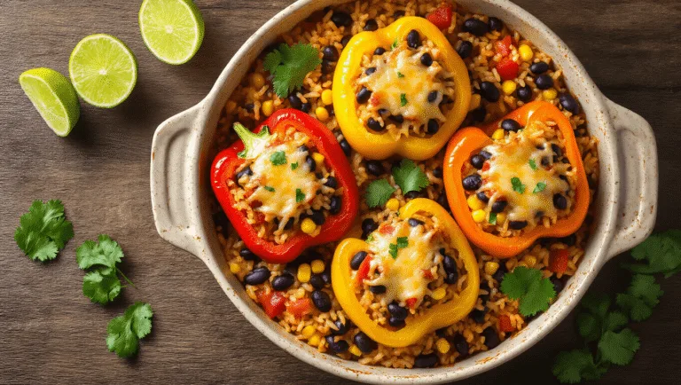 Overhead shot of colorful stuffed bell peppers filled with Mexican rice, black beans, corn, and tomatoes in a rustic dish, topped with melting cheese and garnished with cilantro and lime wedges, illuminated by natural light.