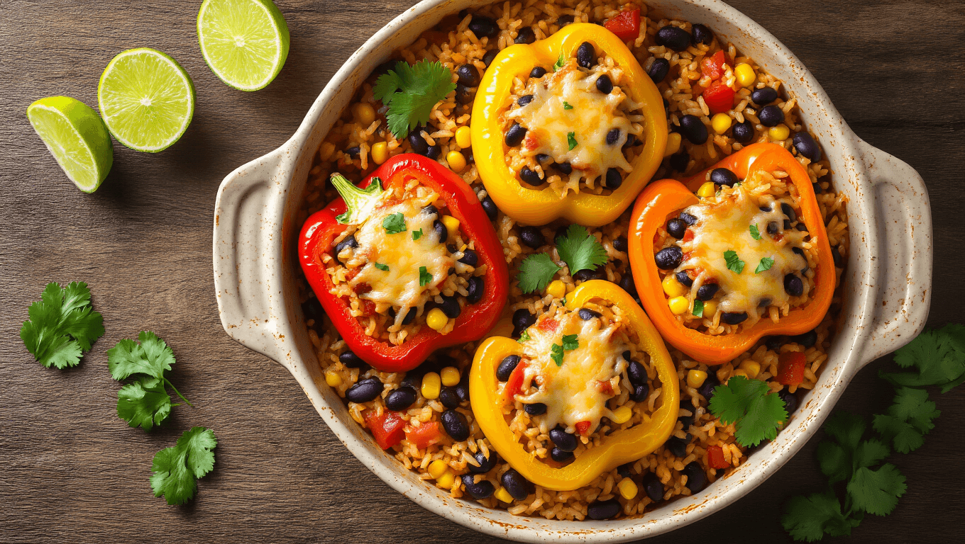 Overhead shot of colorful stuffed bell peppers filled with Mexican rice, black beans, corn, and tomatoes in a rustic dish, topped with melting cheese and garnished with cilantro and lime wedges, illuminated by natural light.
