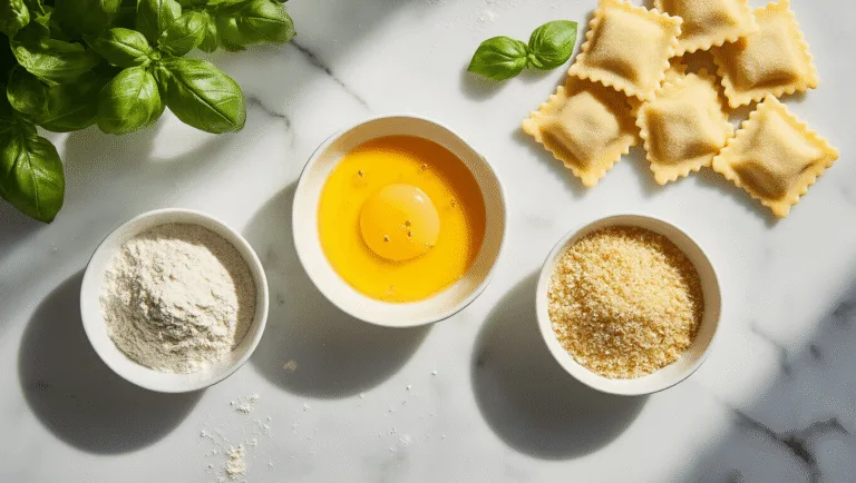 A professional food photography setup featuring three white ceramic bowls with seasoned flour, an egg-buttermilk mixture, and Italian breadcrumbs on a marble countertop, accompanied by frozen ravioli, fresh basil, and flour, shot in warm tones with dramatic shadows.