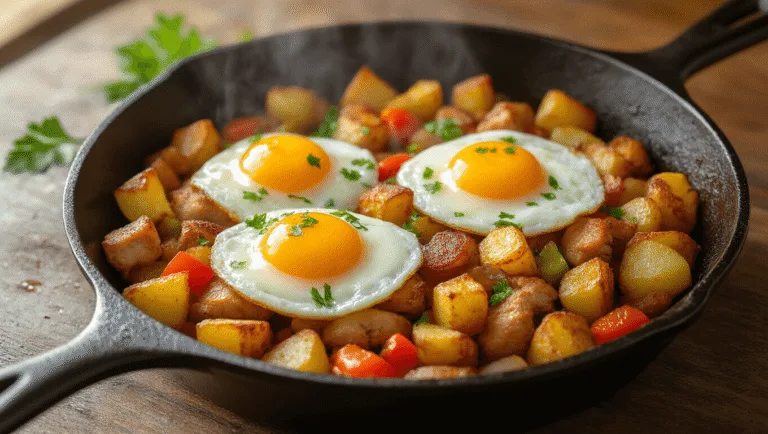 Photorealistic close-up of a cast iron skillet filled with crispy turkey hash, topped with sunny-side-up eggs and garnished with parsley, set against a warm, rustic wooden backdrop.