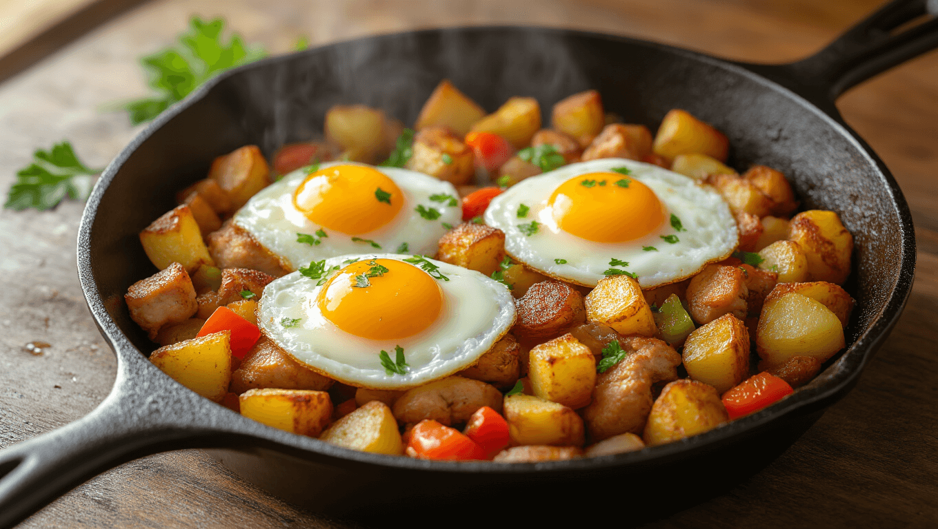 Photorealistic close-up of a cast iron skillet filled with crispy turkey hash, topped with sunny-side-up eggs and garnished with parsley, set against a warm, rustic wooden backdrop.